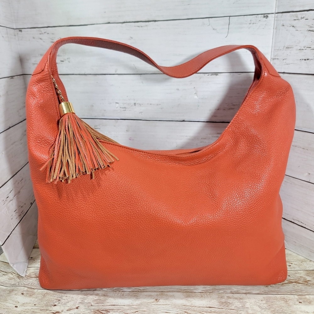 Ashneil Vintage Large Orange Leather Hobo Handbag With Tassel